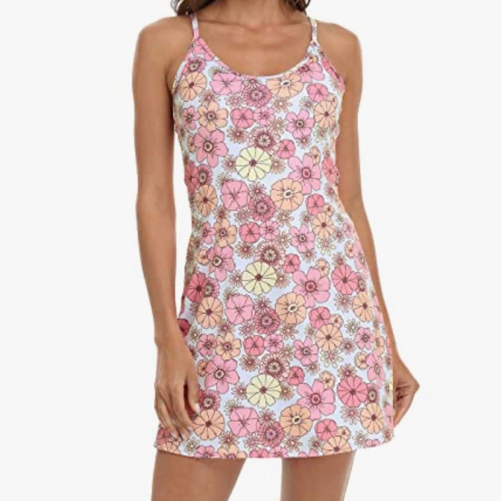 HDE Retro Floral Athletic Tank Dress Built in Shorts XS Flower Power